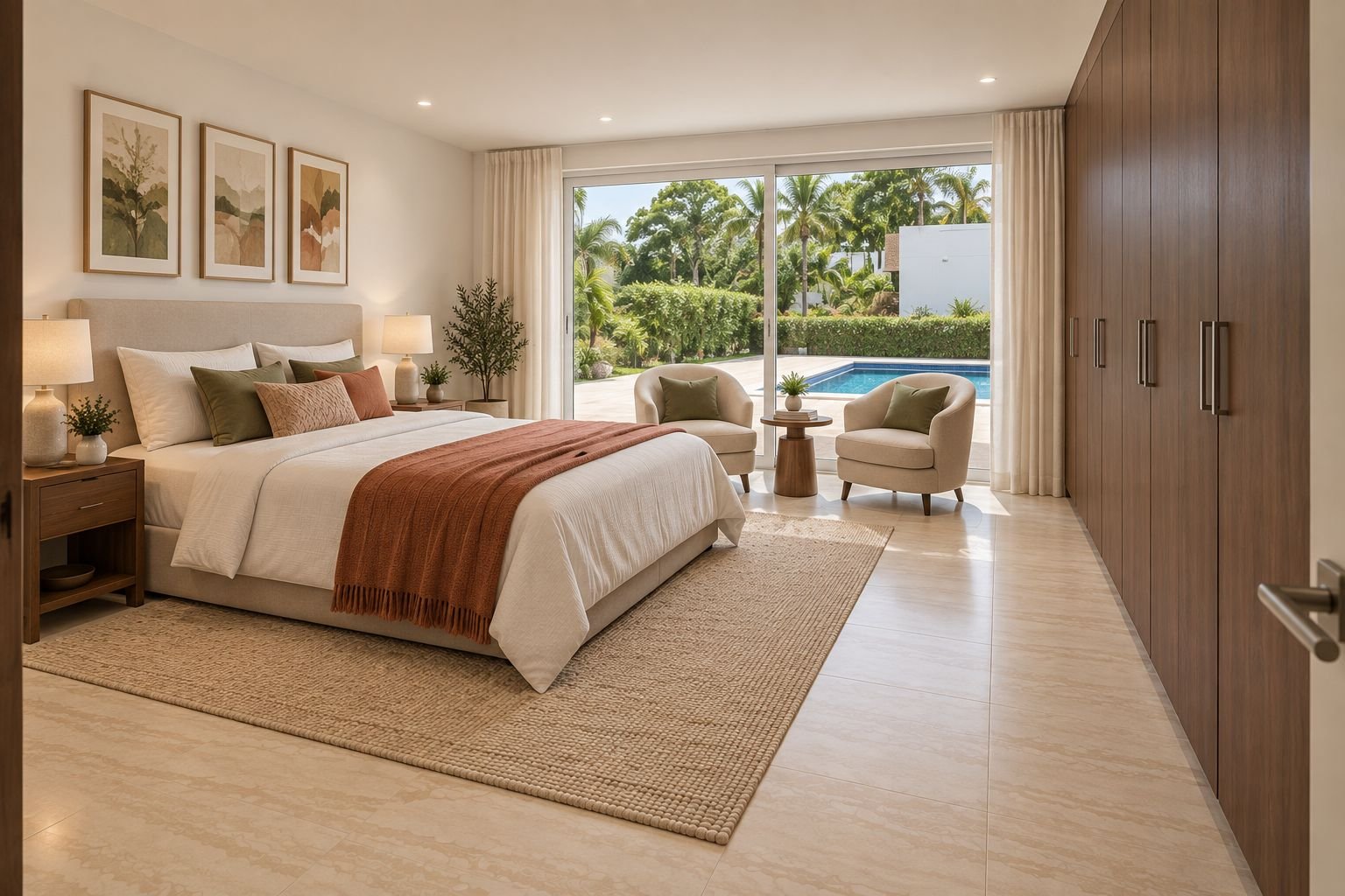 Render de alcoba principal con salida a la piscina