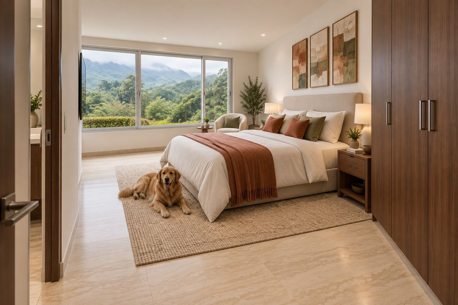 Render de alcoba con vista a las montañas