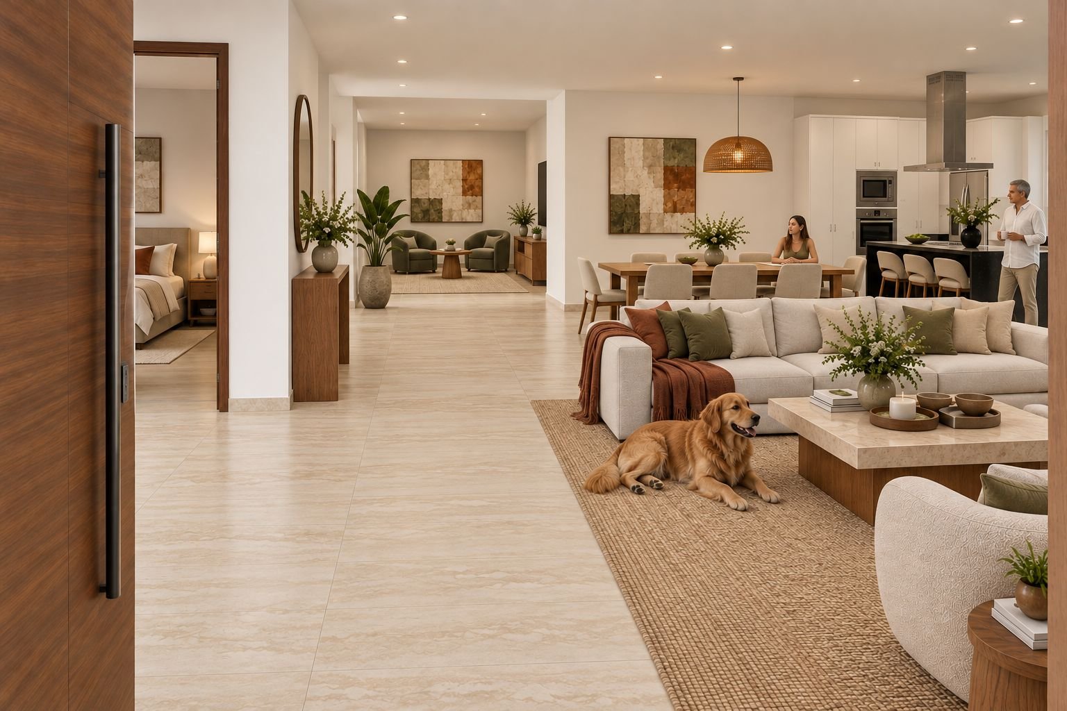 Render de sala, comedor y cocina abiertos